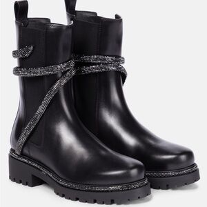 Rene Caovilla Black Leather Ankle Boots with Crystal Wrap